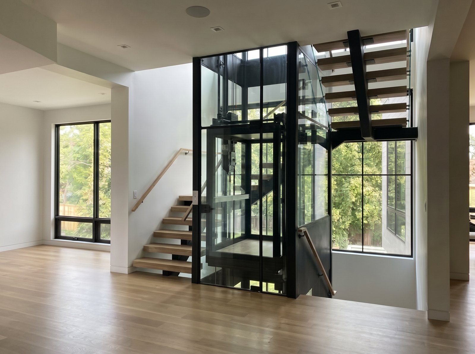 Ascensor panorámico con estructura metálica y cerramiento de vidrio integrado a una vivienda contemporánea