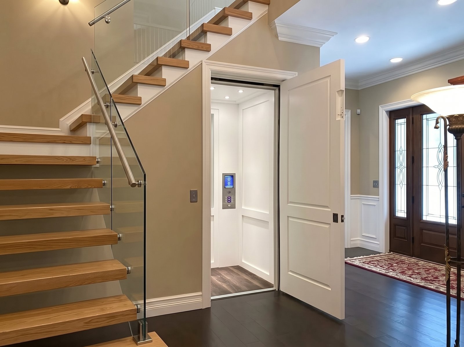 Cabina residencial clara con iluminación, botonera y acceso integrado junto a una escalera moderna